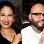 Side by side of Selena Quintanilla smiling in a black outfit in the 1990s and her brother A.B. Quintanilla in glasses and a white shirt with his hands pressed together