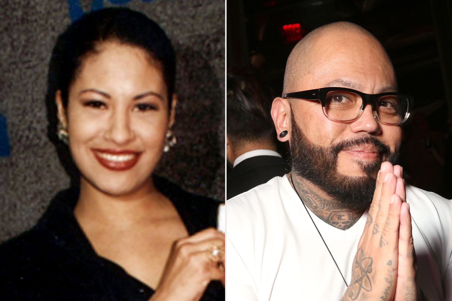 Side by side of Selena Quintanilla smiling in a black outfit in the 1990s and her brother A.B. Quintanilla in glasses and a white shirt with his hands pressed together