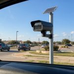 License plate reader camera with solar panel on a pole beside a Dallas area street