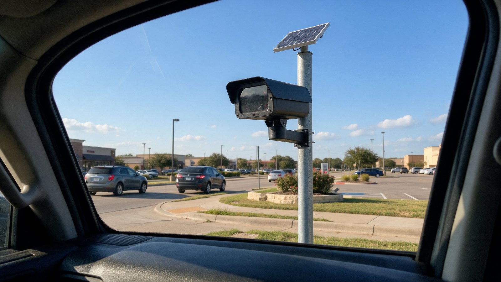 License plate reader camera with solar panel on a pole beside a Dallas area street
