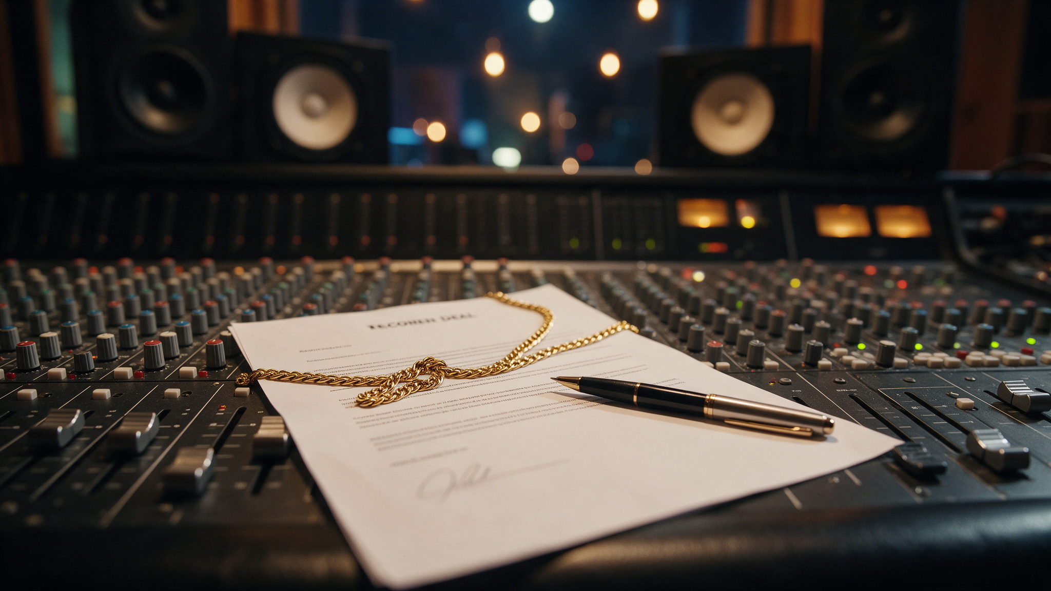Record deal contract and pen on a studio mixing desk